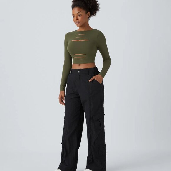Halara Cut Out Ripped Cropped Top Green - Picture 2 of 5